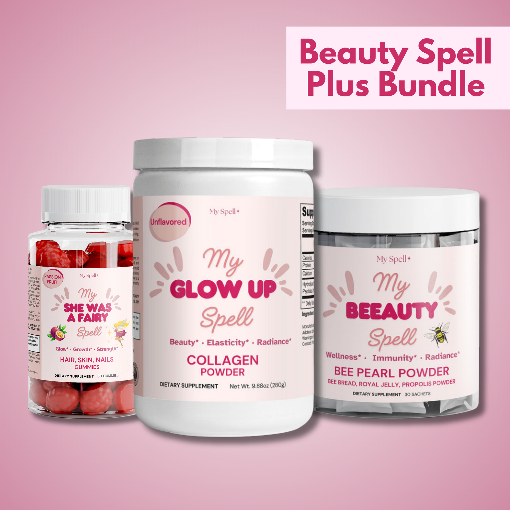 Three supplement containers labeled 'My Glow Up Spell', 'My Beauty Spell', and 'My Bee Beauty Spell' on a pink background with 'Beauty Spell Plus Bundle' text. Beauty Spell Bundle My Spell Supplements.