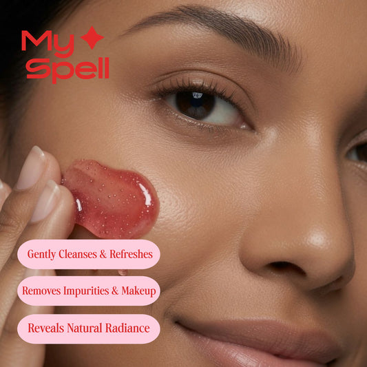 Close-up of a woman's face with a hand holding a translucent pink gel swatch against her cheek. The brand name 'My Spell' appears in red at the top left, with three pink text badges describing skincare benefits.