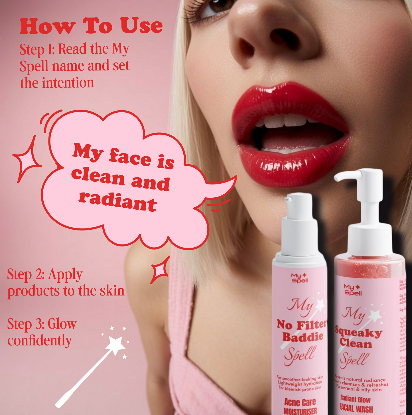 Promotional graphic showing a close-up of a woman's lower face with bright red lipstick and text instructions on how to use two pink skincare products labeled 'My Spell' against a pink background.
