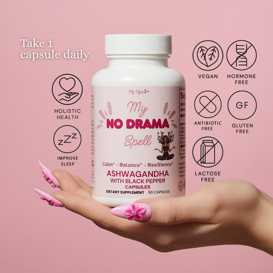 My Spell Supplements bottle labeled 'My No Drama Spell' held in a hand with pink nail polish on a pink background.