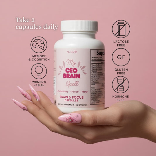 My Spell Supplements Brain & Focus Formula Capsules bottle labeled 'My CEO Brain' held in a hand with pink nail polish on a pink background.