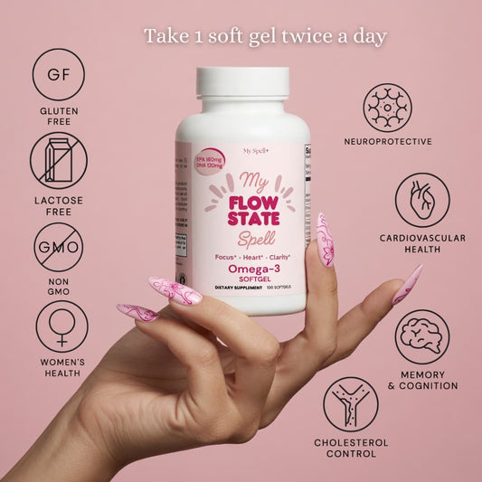 My Spell Supplements Omega-3 bottle labeled 'My Flow State' held by a hand with pink nail polish on a pink background with health benefits listed.
