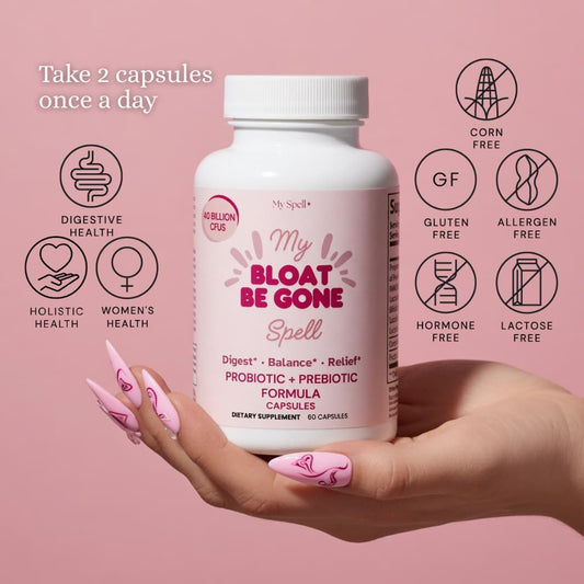 My Spell Supplement bottle labeled 'My Bloat Be Gone Spell' held in a hand with pink nail polish on a pink background.