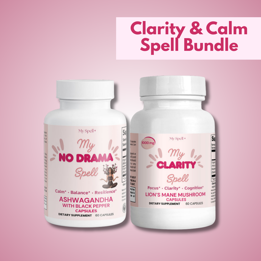 Two dietary supplement bottles labeled 'My No Drama Spell' and 'My Clarity Spell' on a pink background by My Spell Supplements