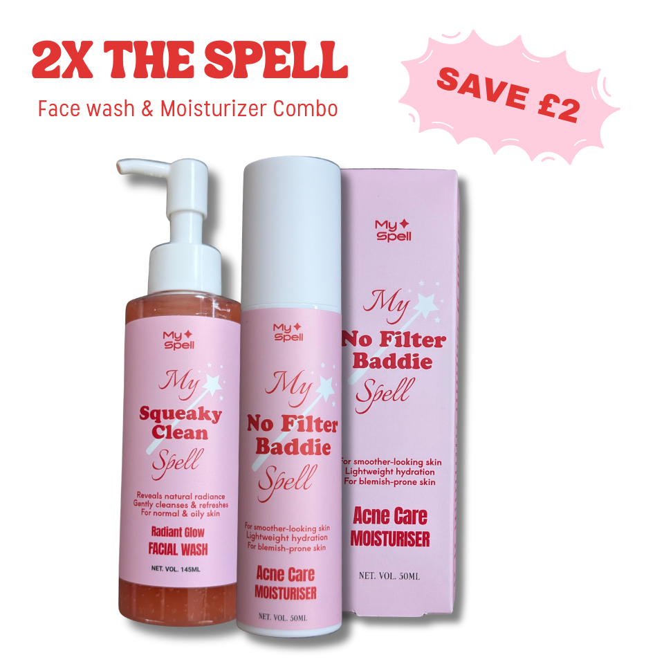 My Spell Face wash and Moisturizer combo set featuring a pink pump bottle, a pink aerosol can, and its matching pink box, with promotional text overlays on a white background.