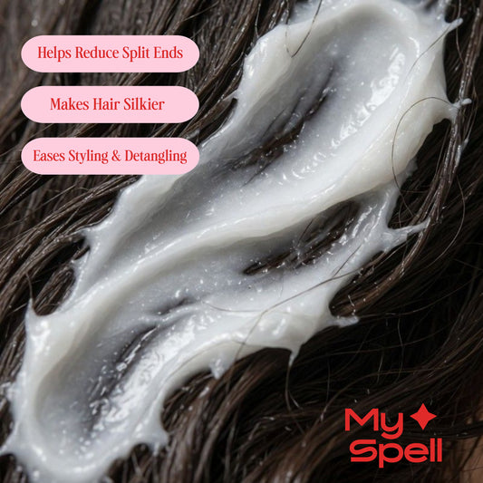 A close-up of My Spell My Gloss Conditioner white hair repair cream spread over dark brown hair, with three pink text badges on the left and a red 'My Spell' logo in the bottom right corner.