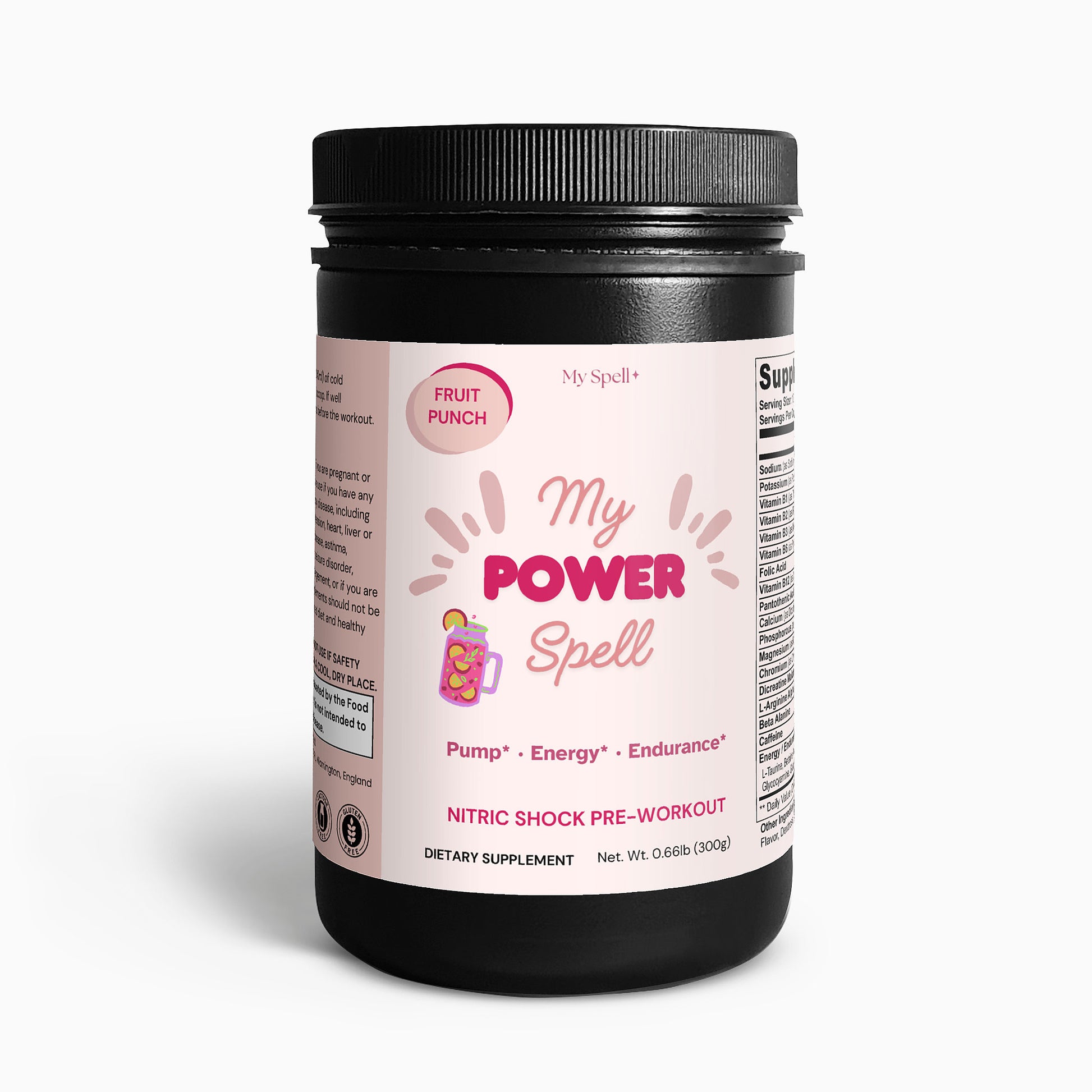 My Spell Nitric Shock Pre-Workout Powder Fruit Punch flavor – gluten free, lactose free, allergen free energy and endurance supplement for women