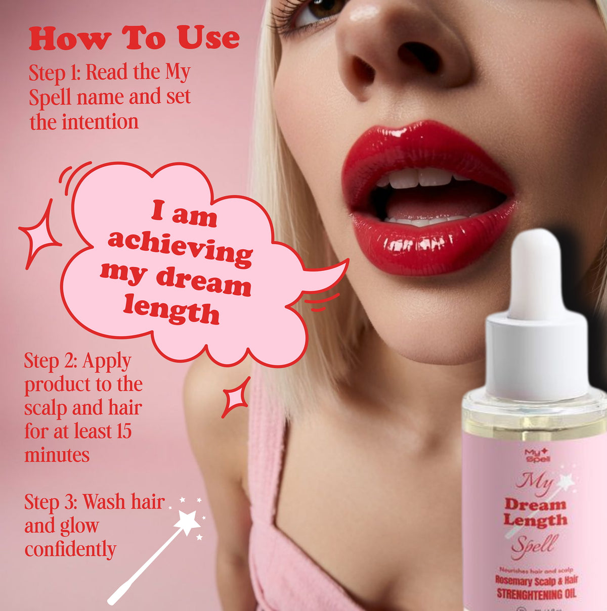 A close-up promotional graphic of My Spell Rosemary Hair Oil showing a woman's lower face with bright red lips, a pink top, and a bottle labeled 'My Dream Length Spell' in the lower right. Text on the left explains how to use the product, with a pink speech bubble reading 'I am achieving my dream length.