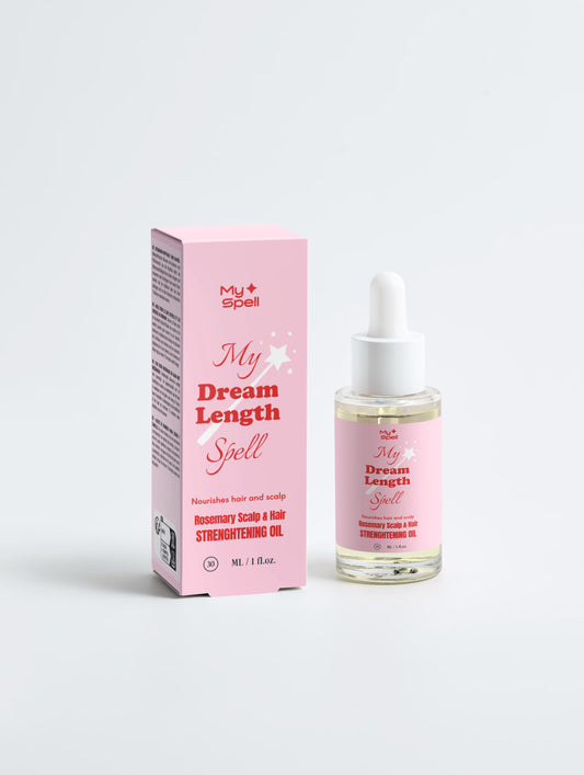 My Spell, My Dream Length Spell Rosemary hair oil bottle and packaging on a white background