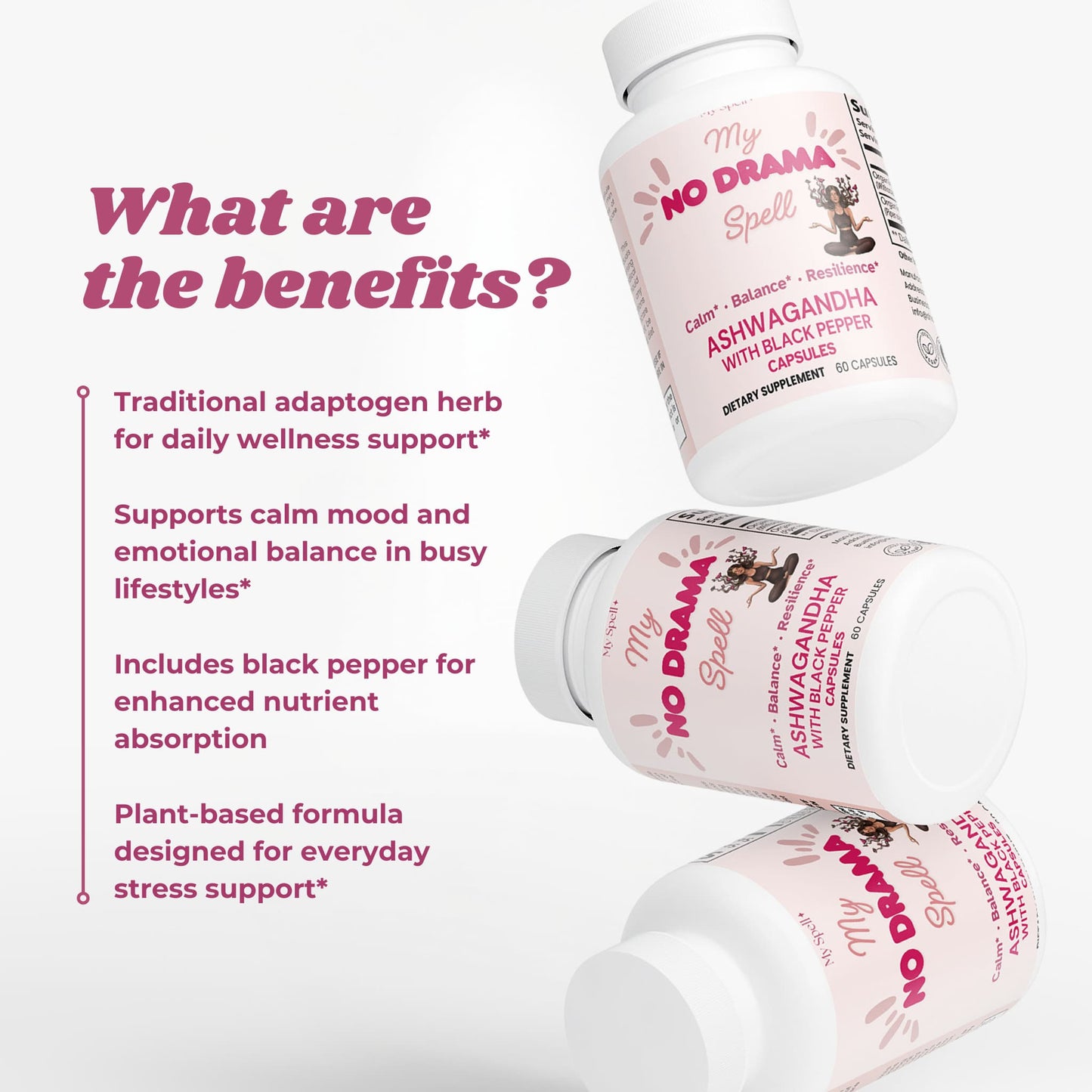 Three bottles of My Spell Supplements 'My No Drama Spell' supplement with text about benefits on a white background.