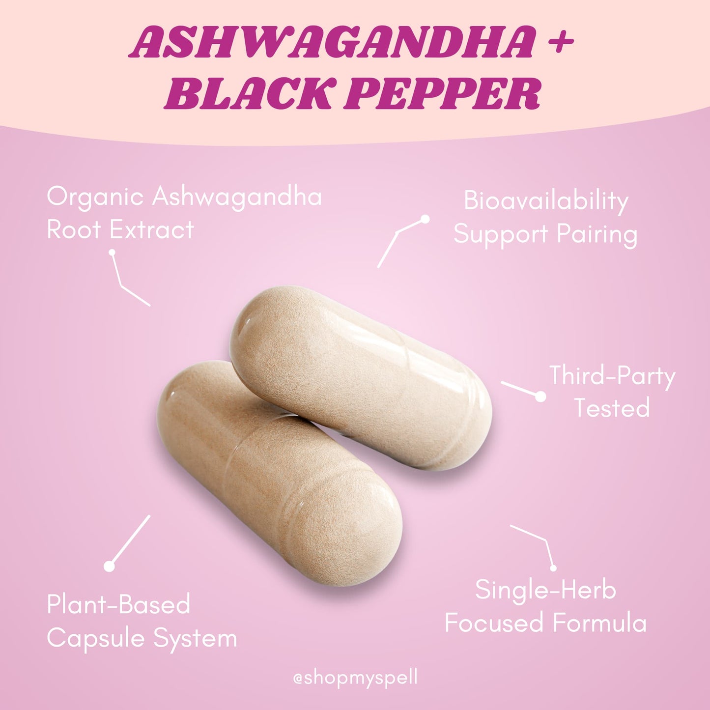 Two My Spell Supplements capsules labeled 'Ashwagandha + Black Pepper' on a pink background with text detailing product features.