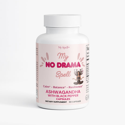 My Spell Supplements bottle labeled 'My No Drama Spell' on a white background
