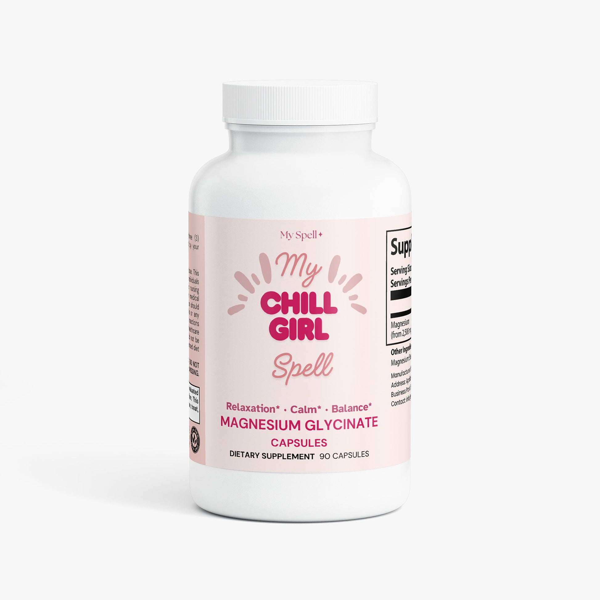 My Spell Supplements bottle labeled 'My Chill Girl Spell' on a white background
