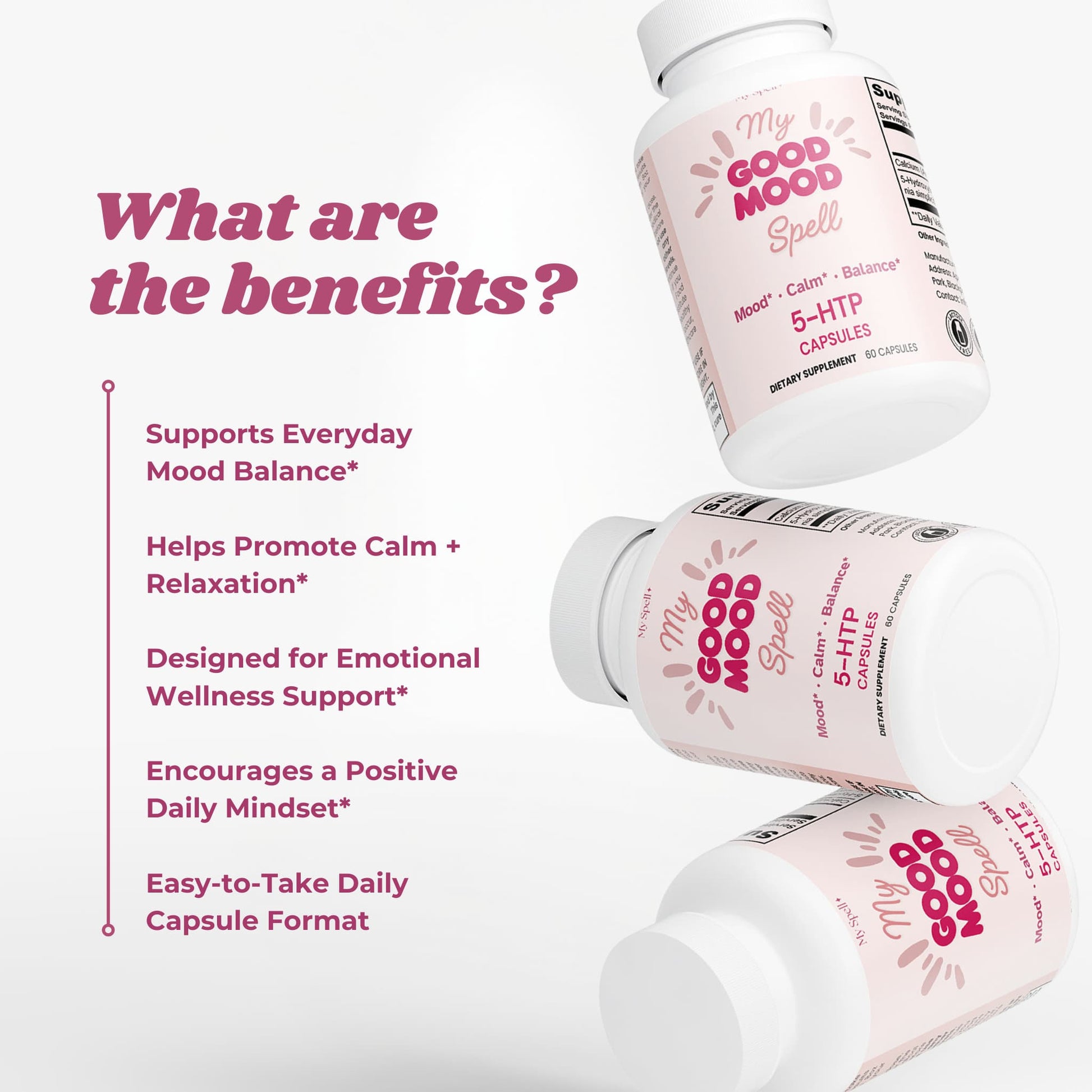 My Spell Supplements bottle labeled 'My Good Mood Spell' with benefits listed on a white background