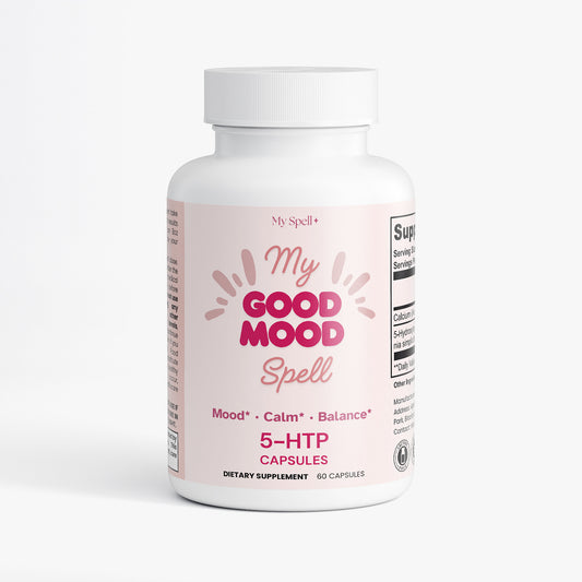 My Spell Supplements bottle labeled 'My Good Mood Spell' on a white background