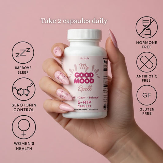 Hand holding a bottle of My Spell Supplements 'My Good Mood Spell' capsules with product details on a pink background