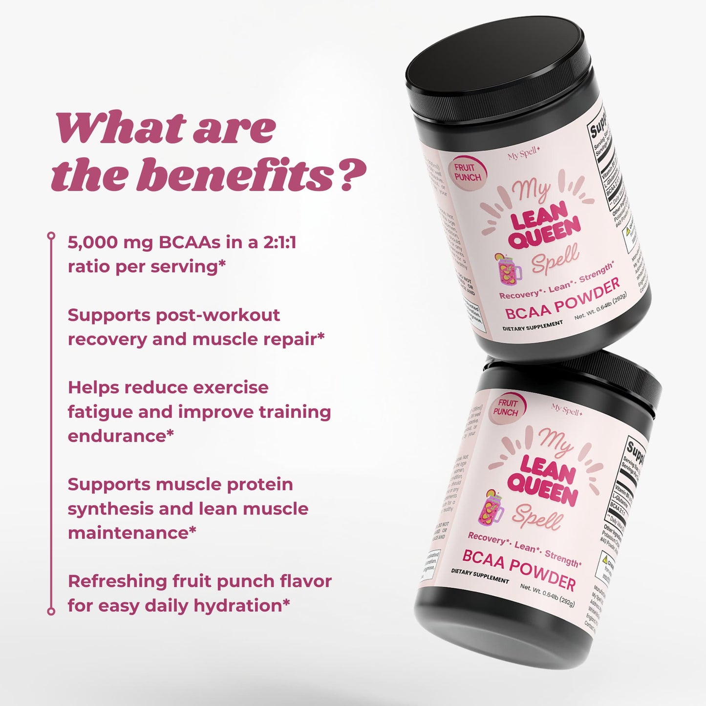 Two My Spell Supplements containers of 'My Lean Queen Spell' BCAA powder fruit punch flavor with text detailing benefits on a white background.