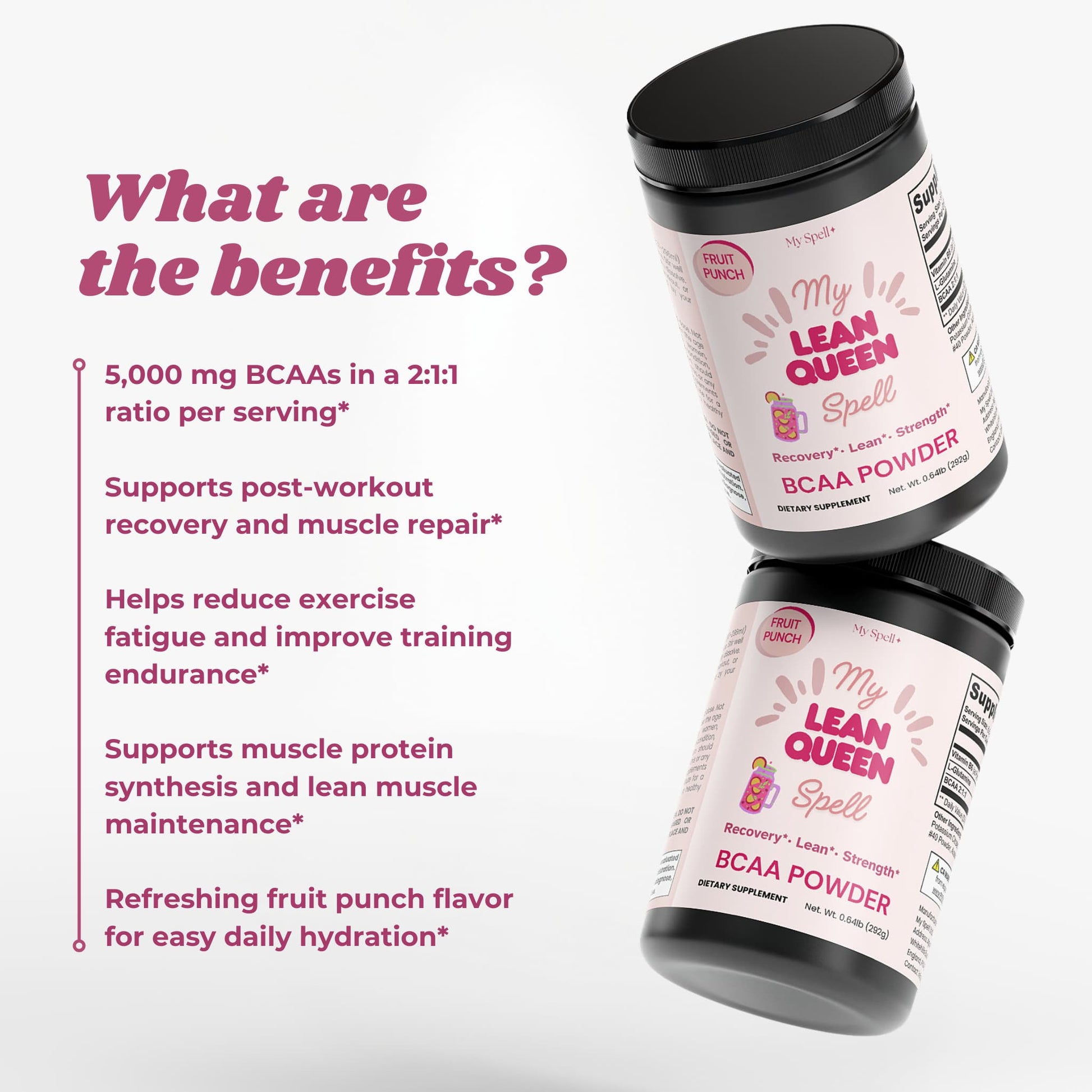 Two My Spell Supplements containers of 'My Lean Queen Spell' BCAA powder fruit punch flavor with text detailing benefits on a white background.