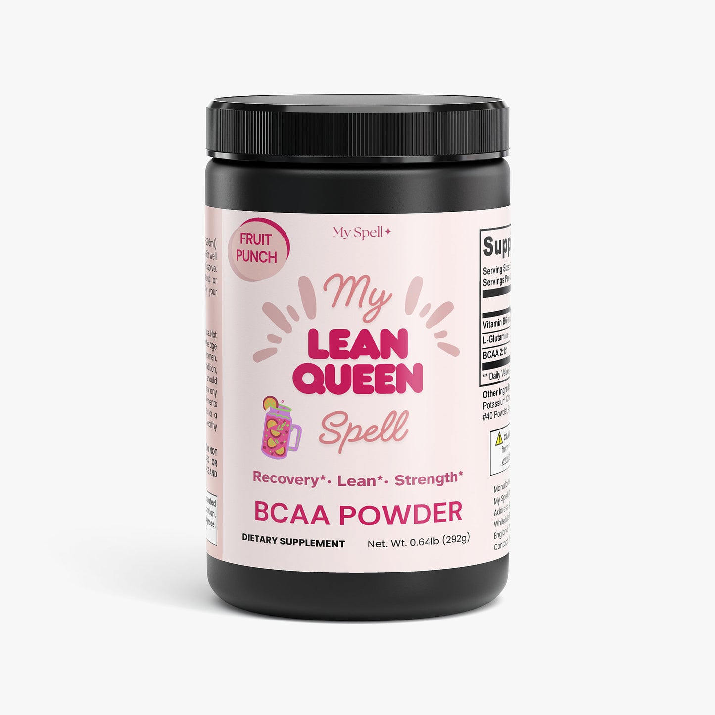 Container of My Spell Supplements My Lean Queen Spell BCAA Fruit Punch Powder on a white background