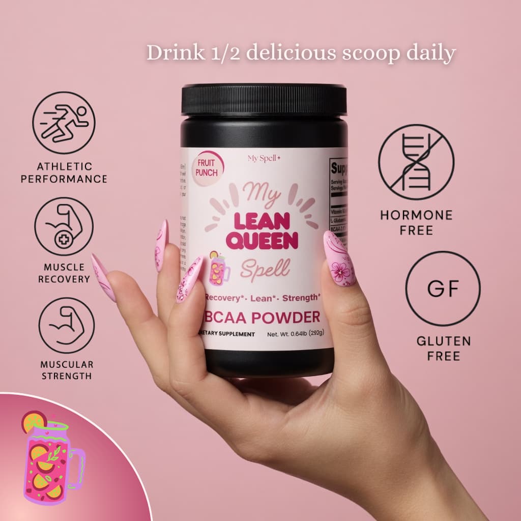 Hand holding My Spell Supplements BCAA Powder container labeled 'My Lean Queen Spell' against a pink background with health benefits icons.