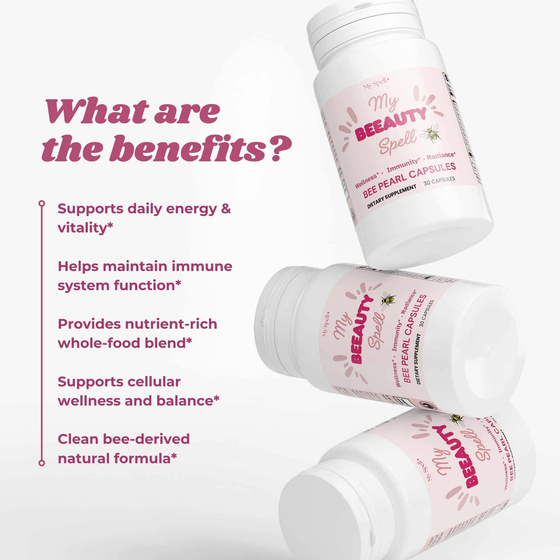 Three bottles of My Spell Supplements Bee Pearl Capsules 'My Beauty Spell' supplements with text listing benefits on a white background.