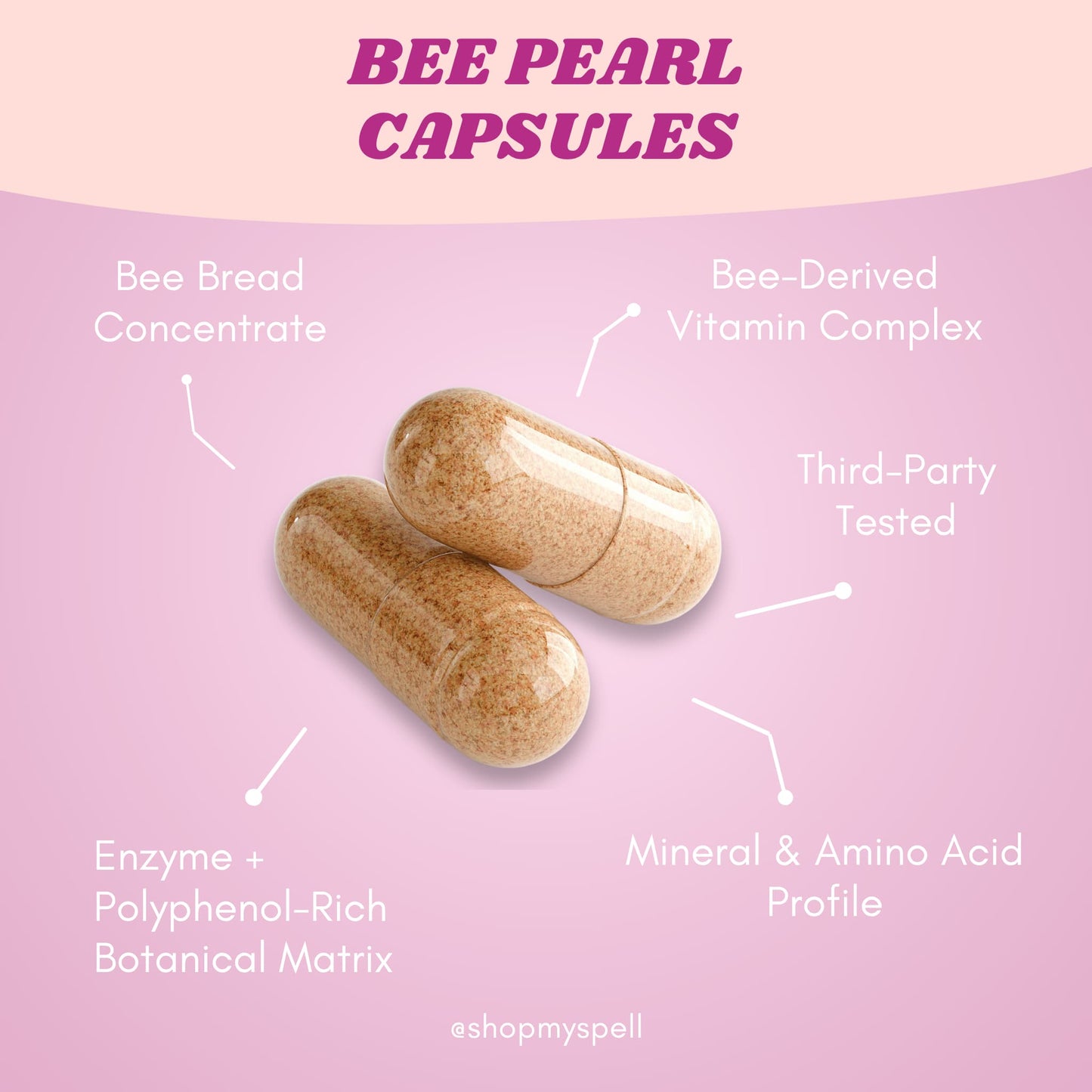 My Spell Supplements Bee Pearl Capsules with features listed on a pink background