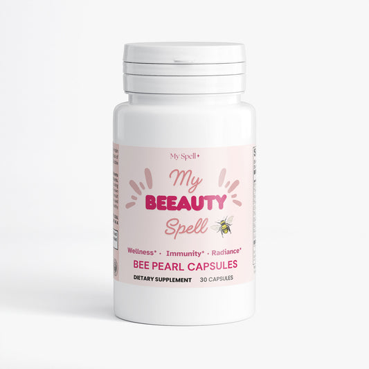 My Spell Supplements Bee Pearl Capsules bottle labeled 'My Beeauty Spell' on a white background