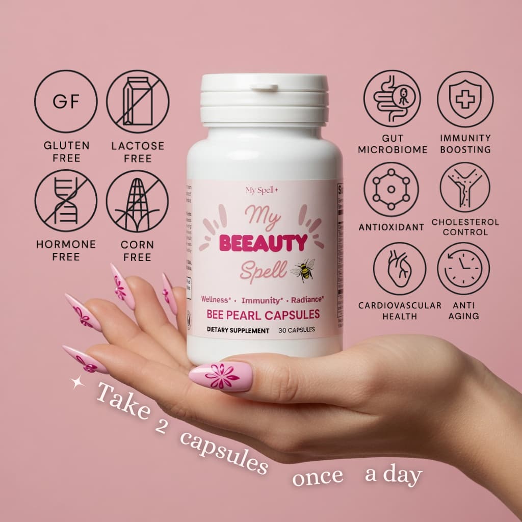 Bottle of My Spell Supplements 'My Beauty Spell' bee pearl capsules with hand holding it on a pink background