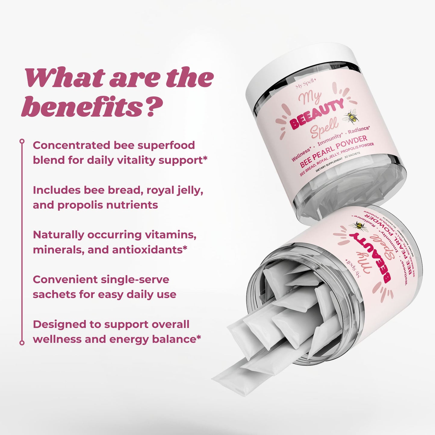 Two containers of My Spell Supplements 'My Beauty Spell' bee pearl powder with text about benefits on a white background.
