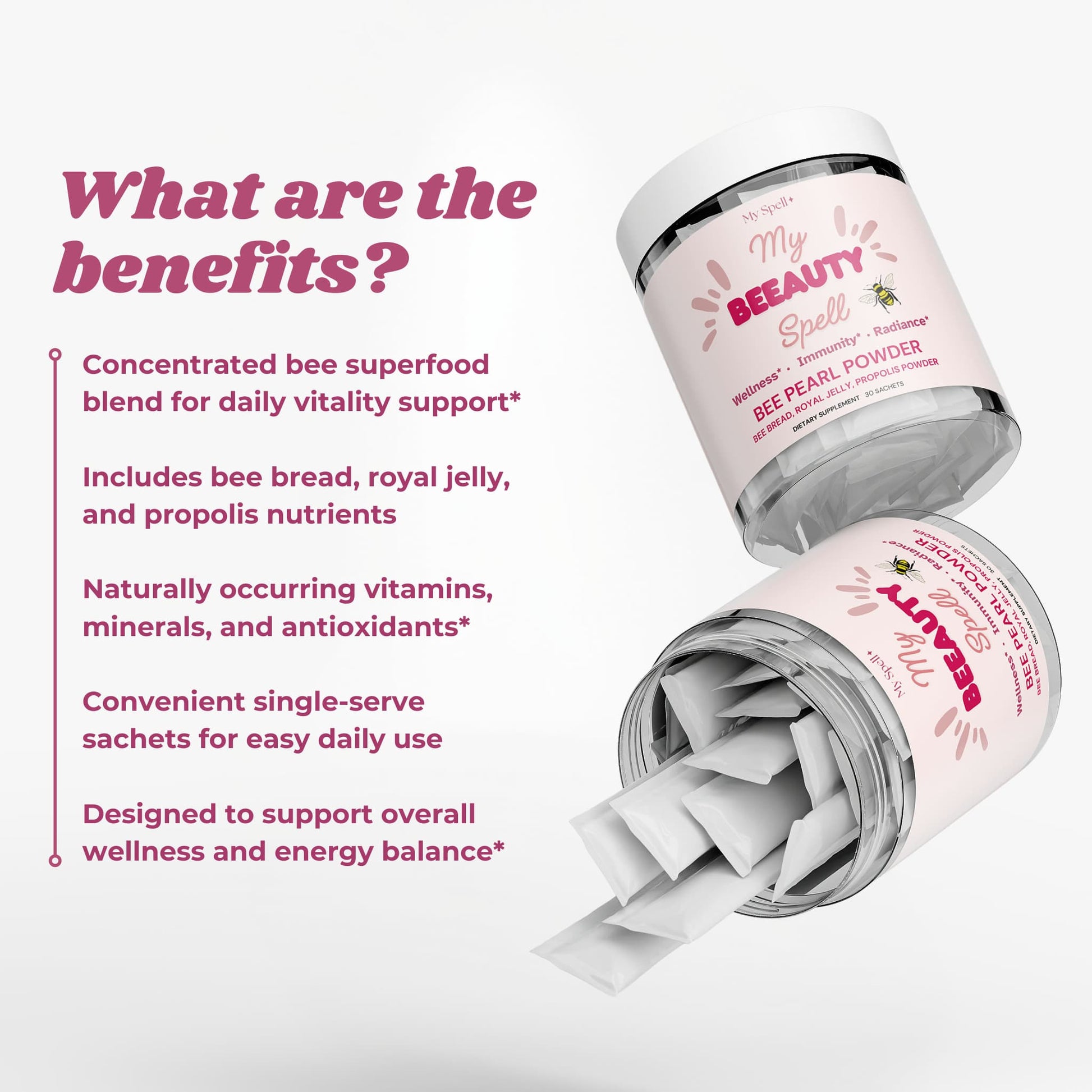Two containers of My Spell Supplements 'My Beauty Spell' bee pearl powder with text about benefits on a white background.