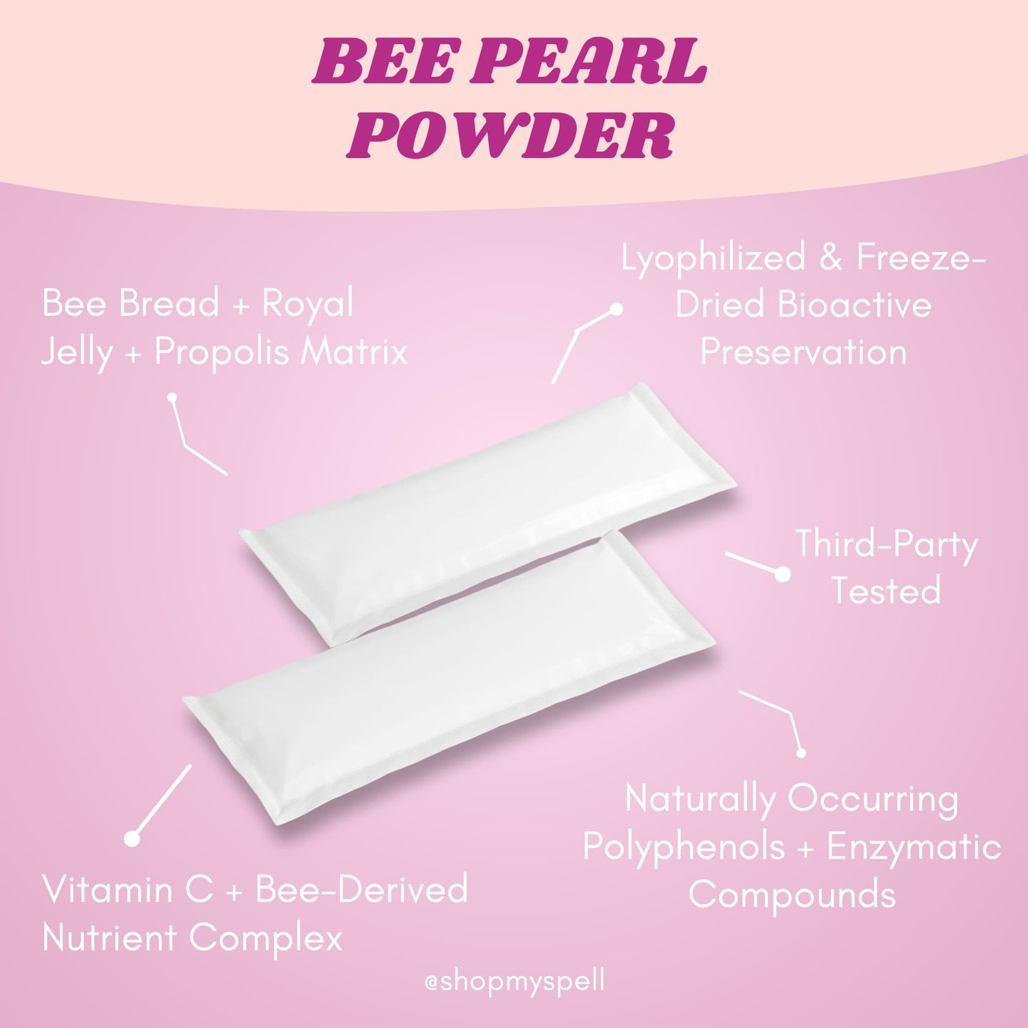 My Spell Supplements Bee Pearl Powder packaging with text on a pink background