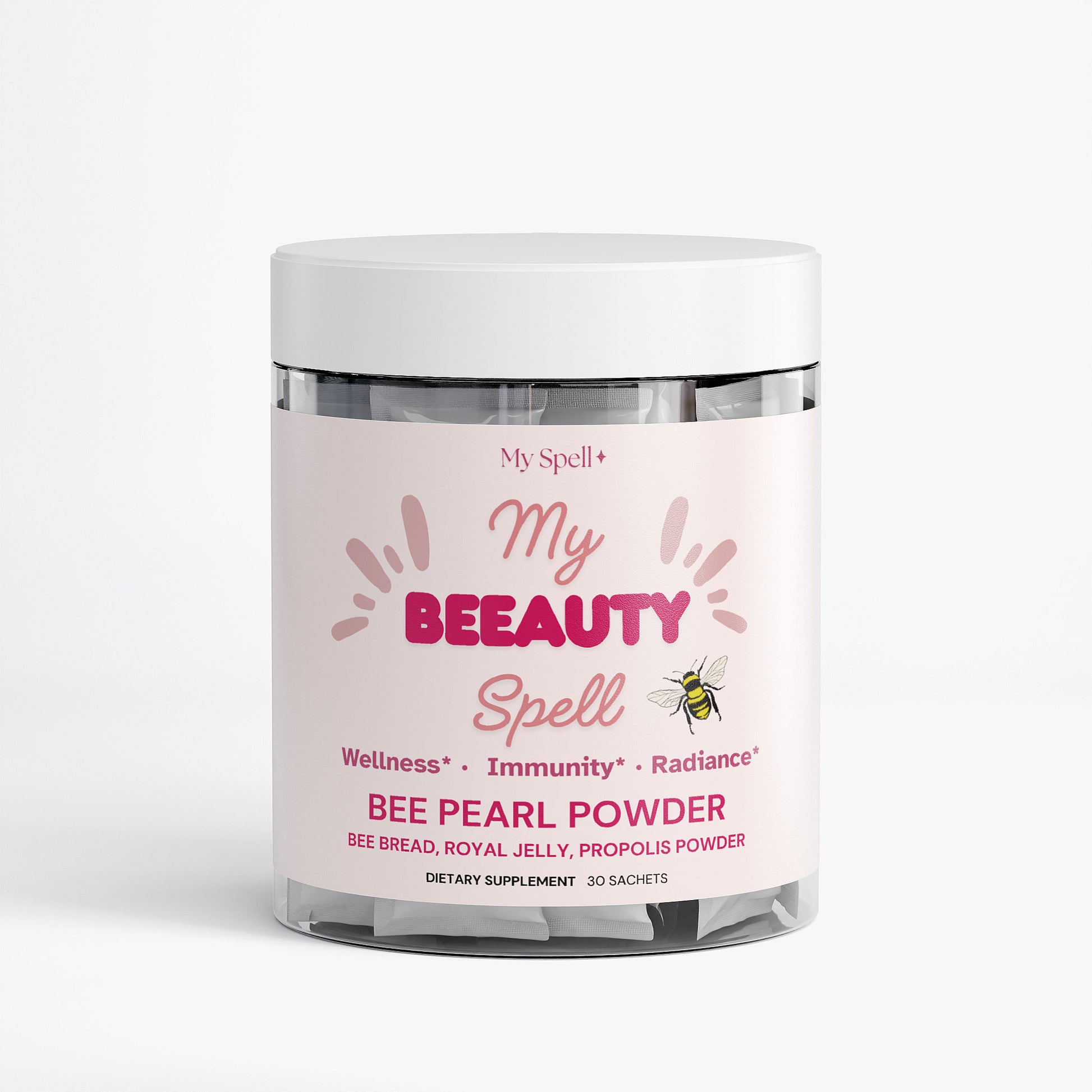 Jar of My Spell Supplements 'My Bee Beauty Spell' bee pearl powder on a white background