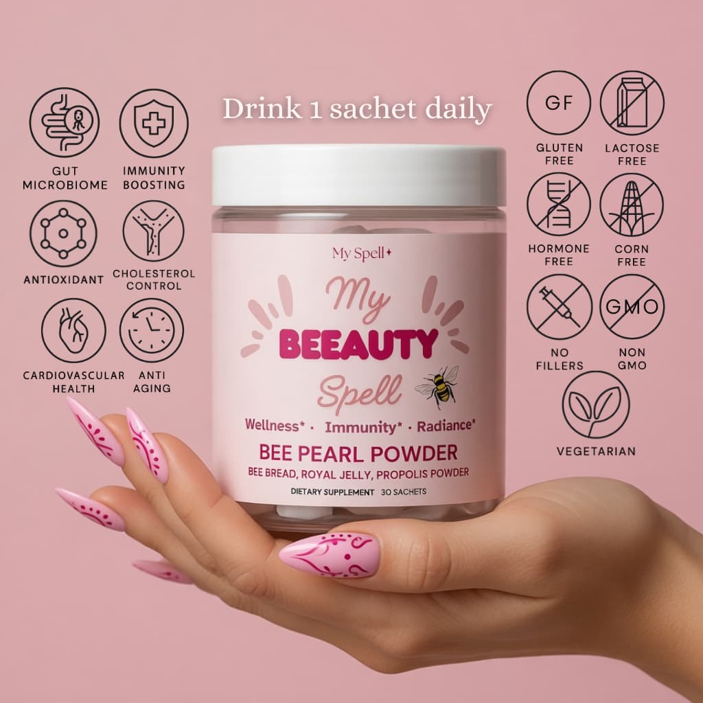Jar of My Spell Supplements 'My Beeauty Spell' bee pearl powder held in a hand with pink nail polish on a pink background.