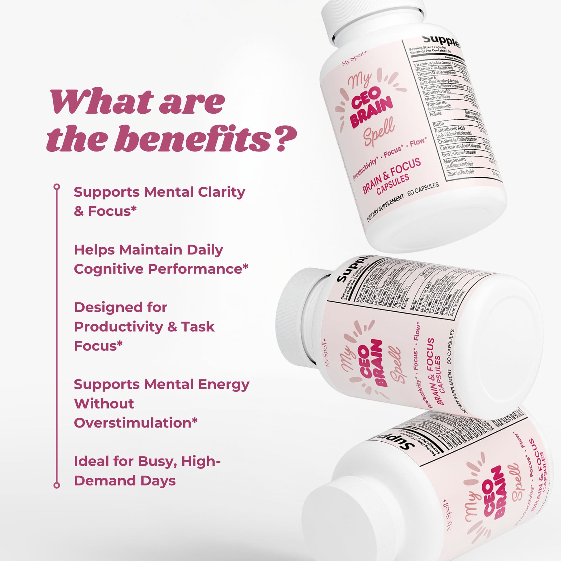 My Spell Supplements Brain & Focus Formula Capsules bottles labeled 'My CEO Brain' with text detailing benefits on a white background.