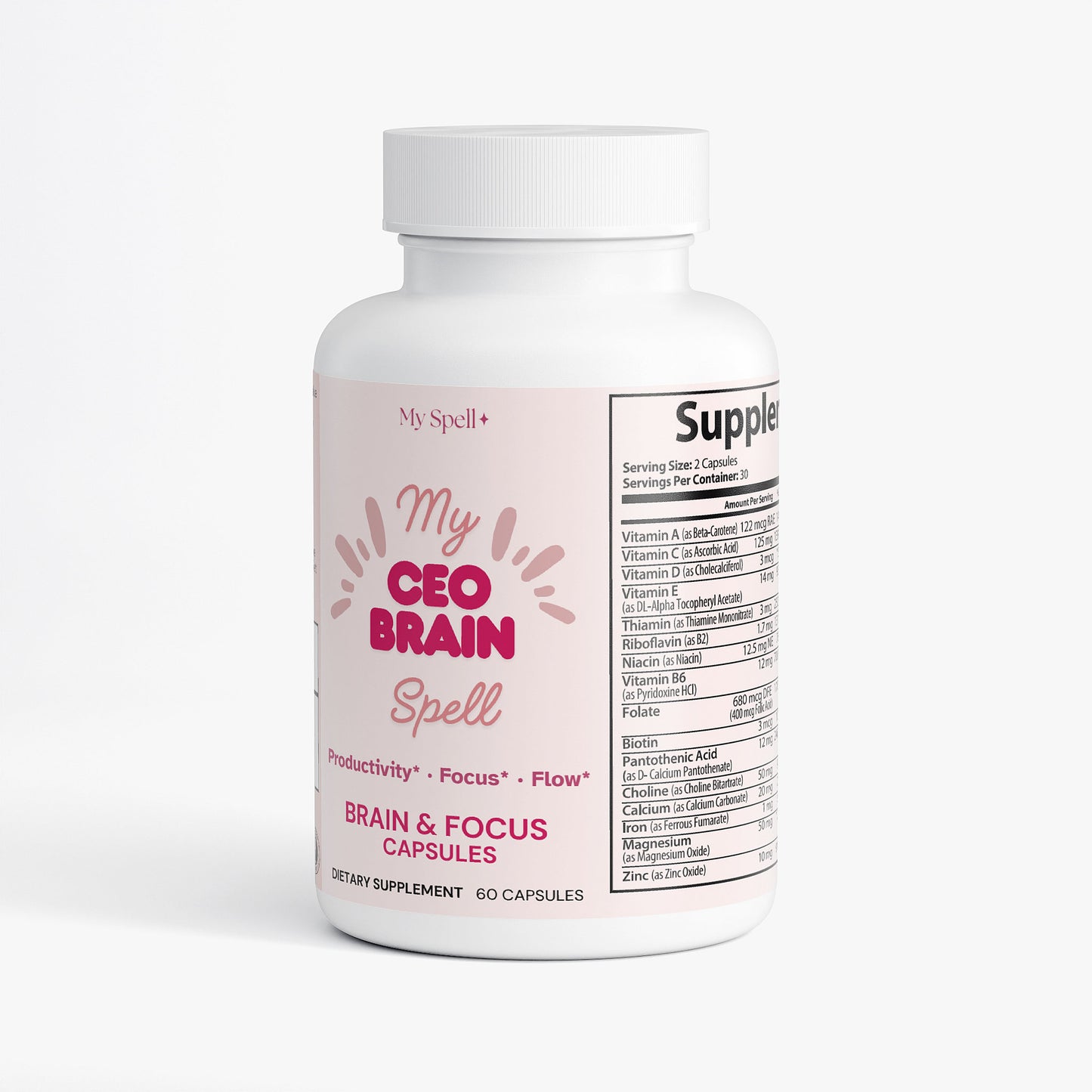 My Spell Supplements Brain & Focus Formula bottle labeled 'My CEO Brain Spell' on a white background