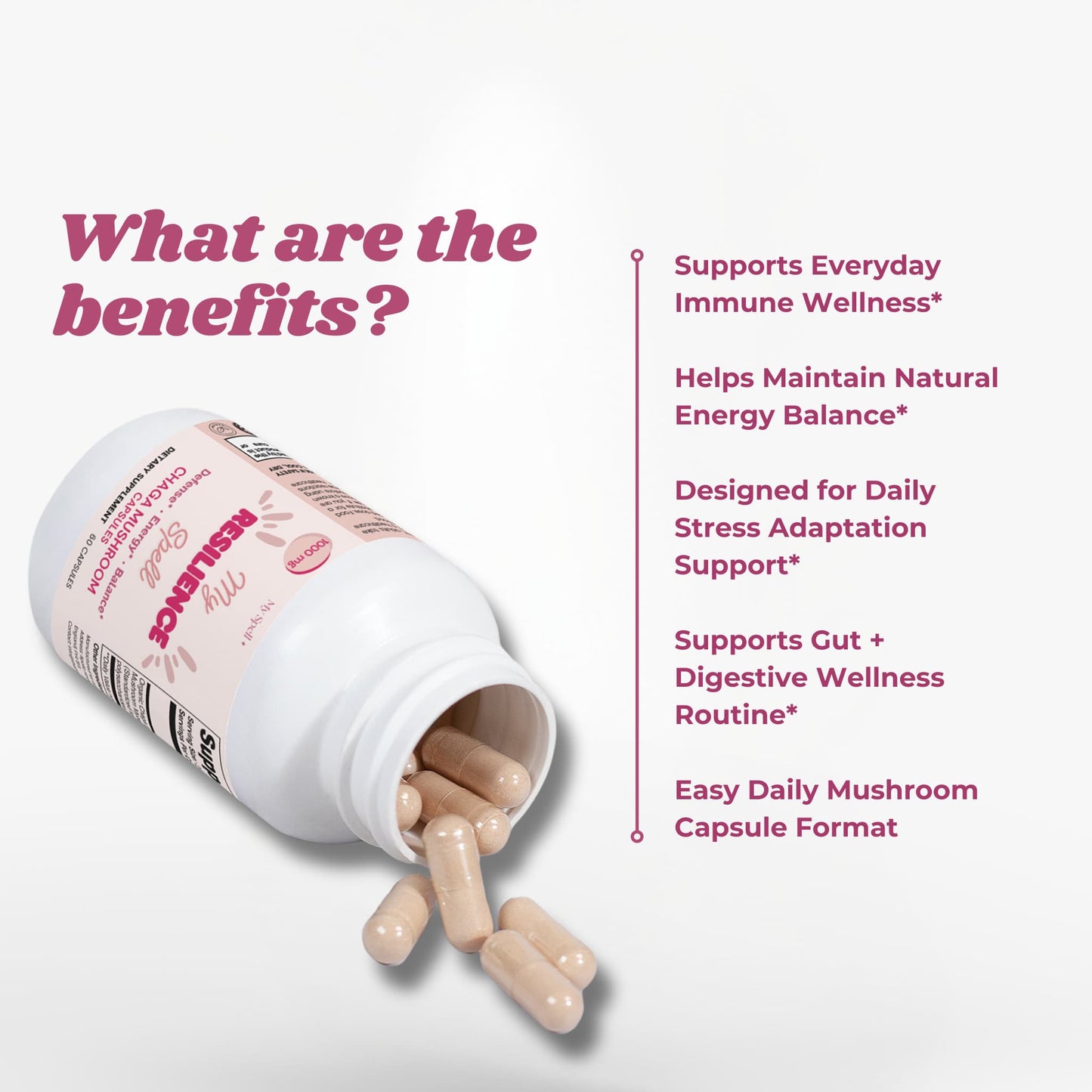 My Spell Supplements Chaga Mushroom supplement capsules spilling out of a bottle with text listing benefits on a light gray background.