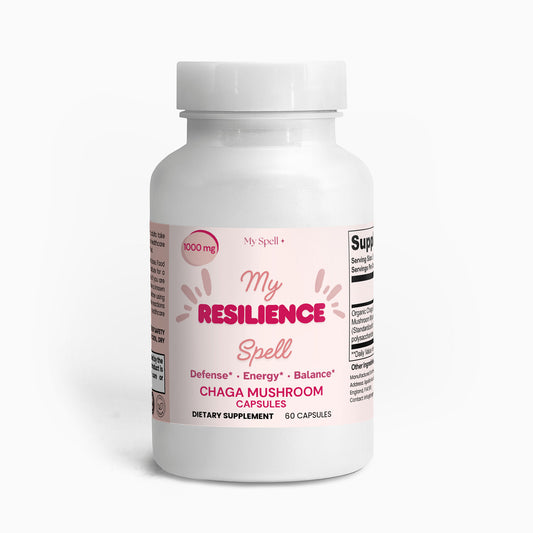My Spell Supplements Chaga Mushroom bottle labeled 'My Resilience Spell' on a white background