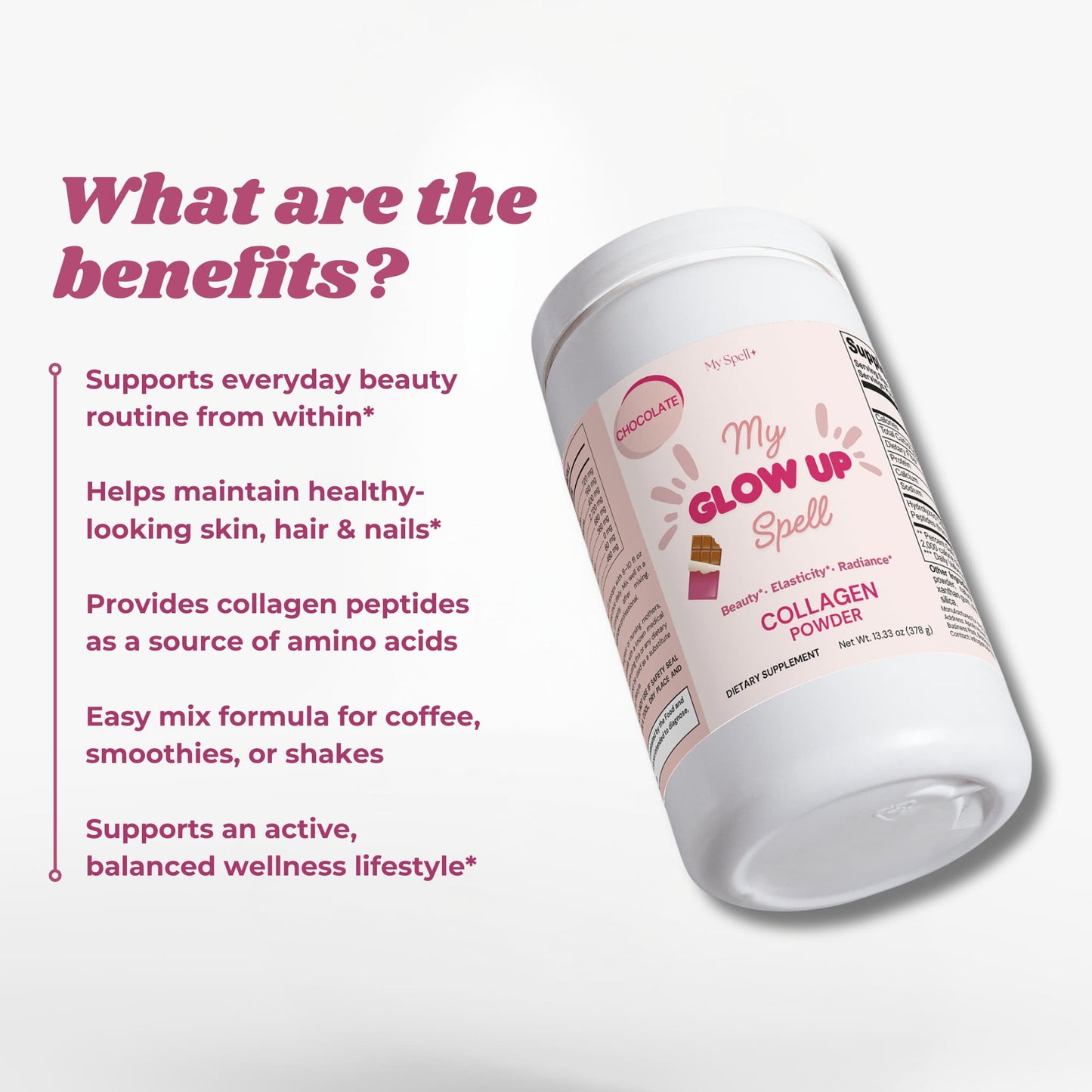 My Spell Supplements Collagen powder chocolate flavor container with benefits listed on a white background
