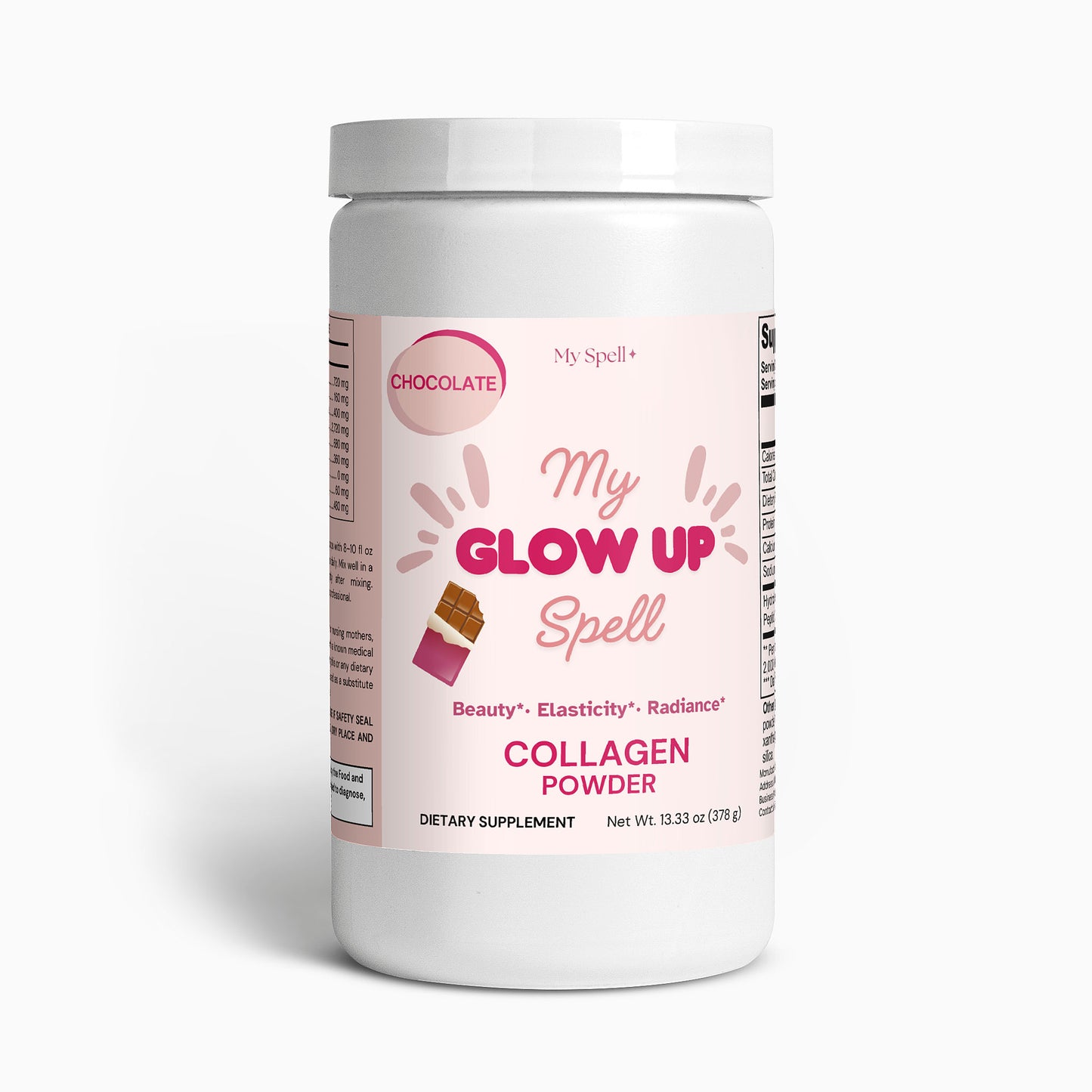 My Spell Supplements Collagen powder Chocolate Flavor container labeled 'My Glow Up Spell' on a white background