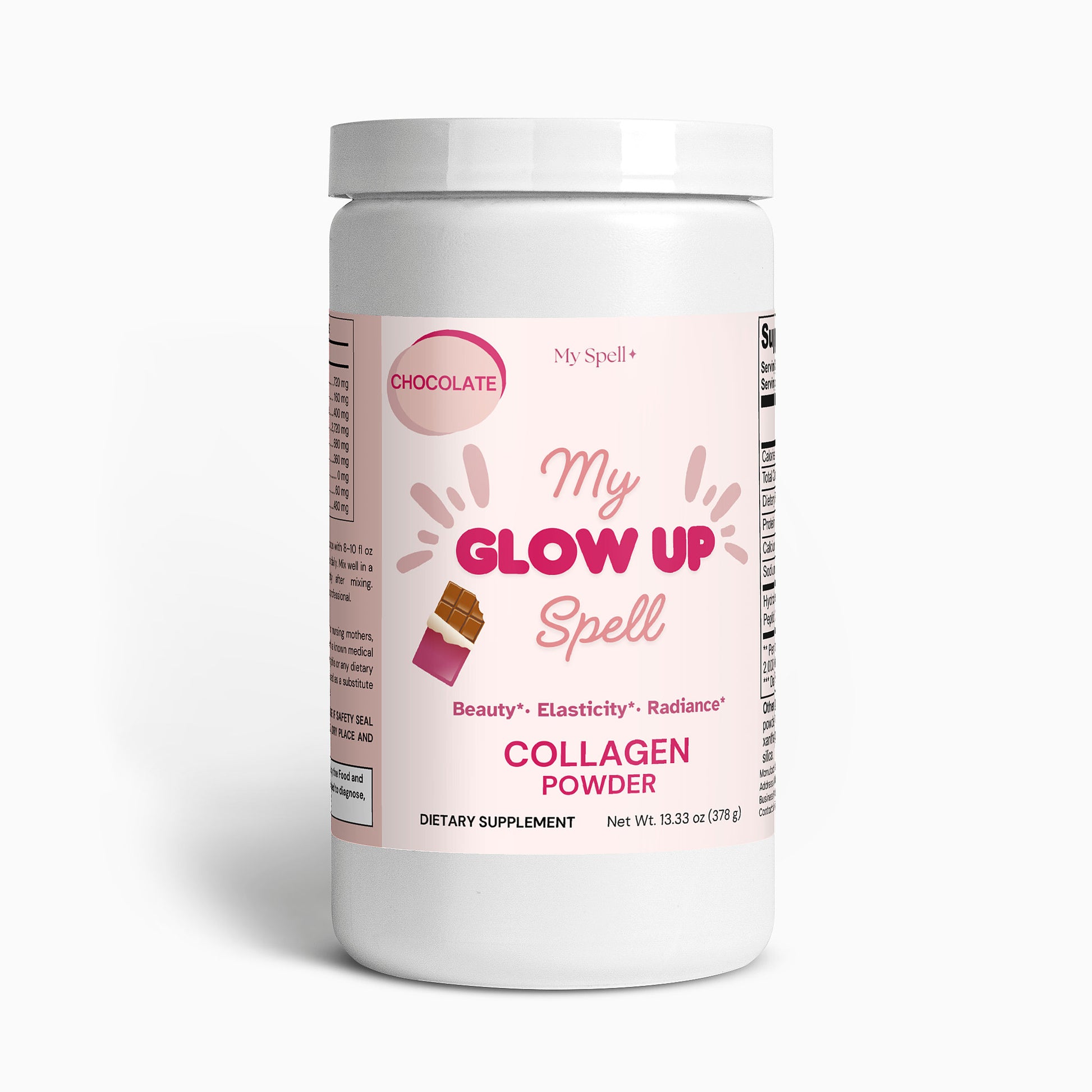 My Spell Supplements Collagen powder Chocolate Flavor container labeled 'My Glow Up Spell' on a white background