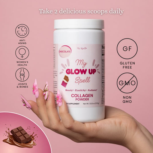 My Spell Supplements Collagen powder chocolate flavor container with branding and product details on a pink background