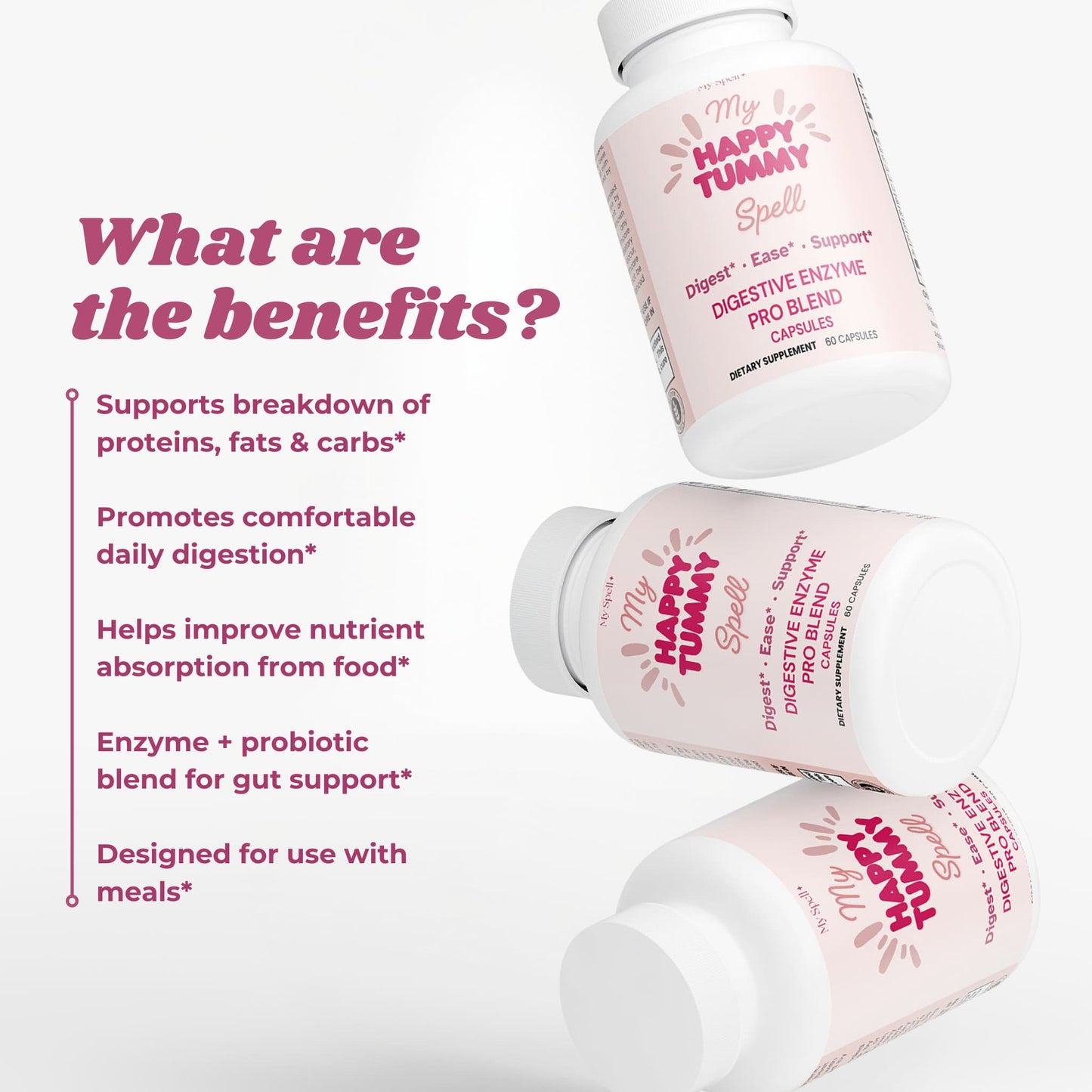 My Spell Supplements My Happy Tummy capsules bottles with benefits listed on a white background