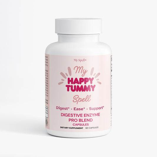 My Spell Supplements bottle labeled 'My Happy Tummy Spell' on a white background