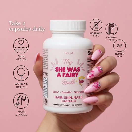 Hand holding a My Spell supplements Hair, Skin, Nails Capsules bottle labeled 'My She Was a Fairy Spell' against a pink background with icons and text.