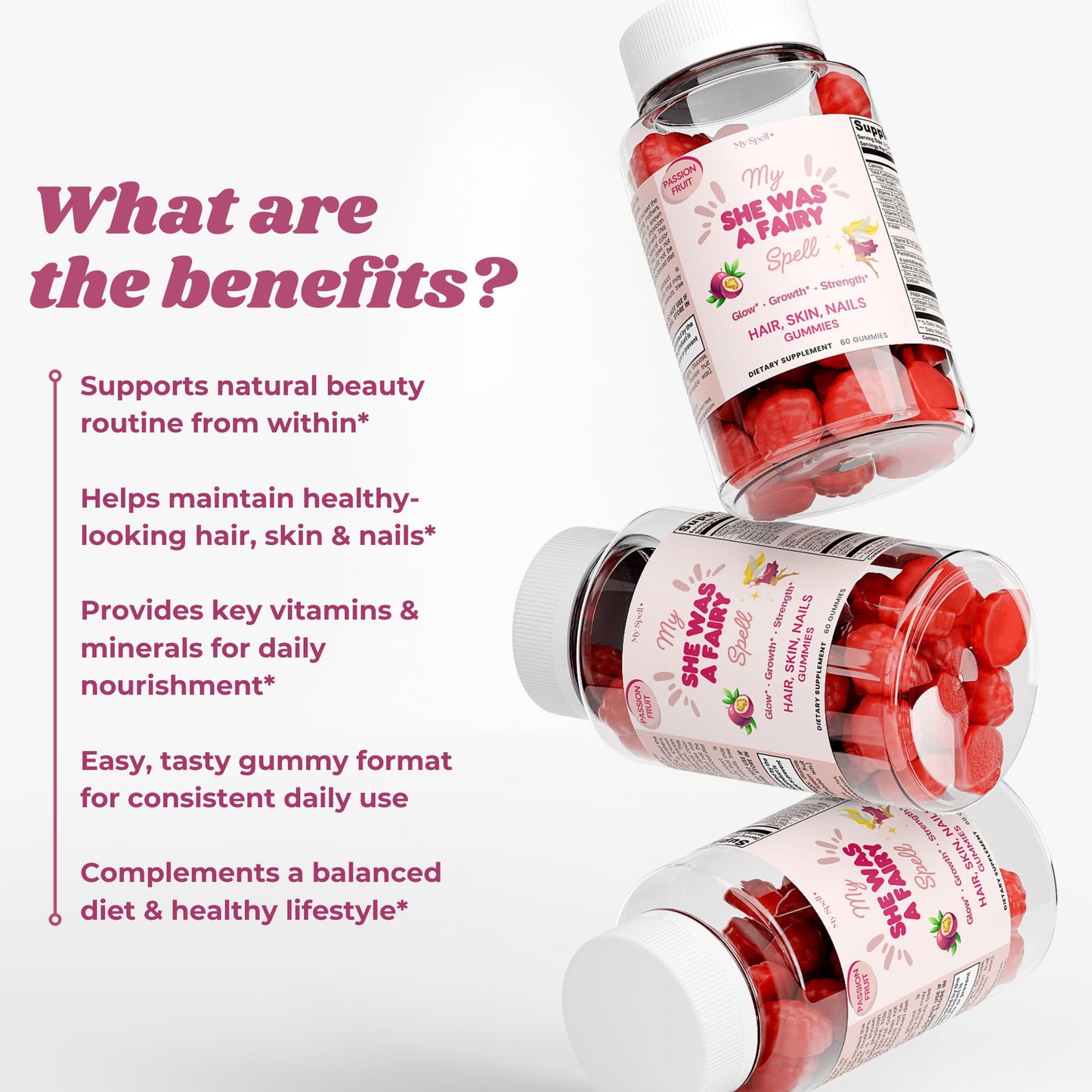 Bottle of My Spell Supplements Hair, Skin, Nails gummy vitamins with text highlighting benefits on a white background