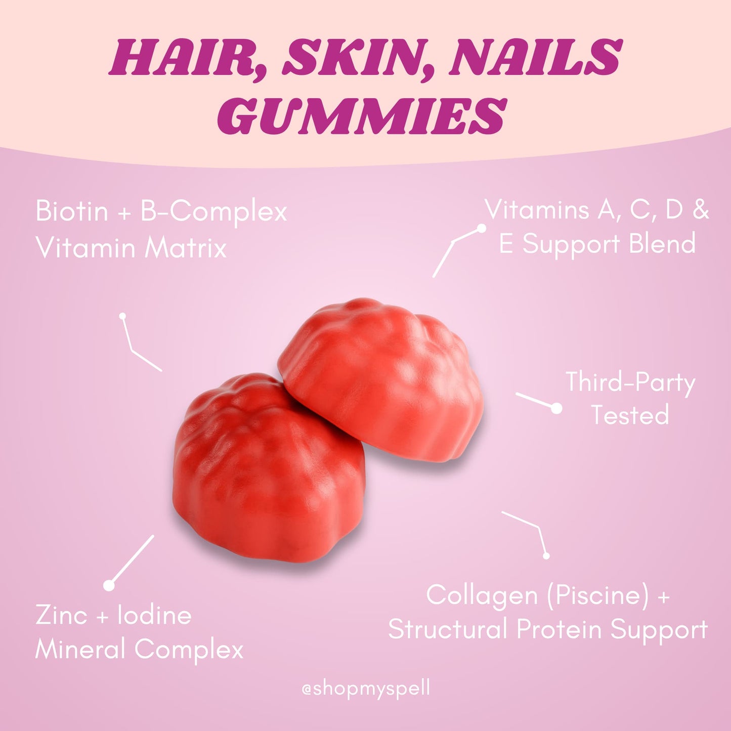 My Spell Supplements Hair, Skin, Nails gummies with ingredients listed on a pink background