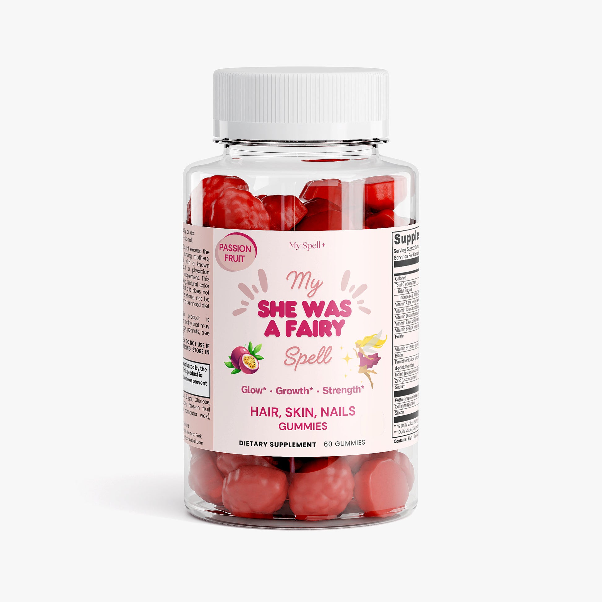 Bottle of My Spell Supplements Hair, Skin, Nails Gummies 'My She Was a Fairy Spell' gummy vitamins with a white background