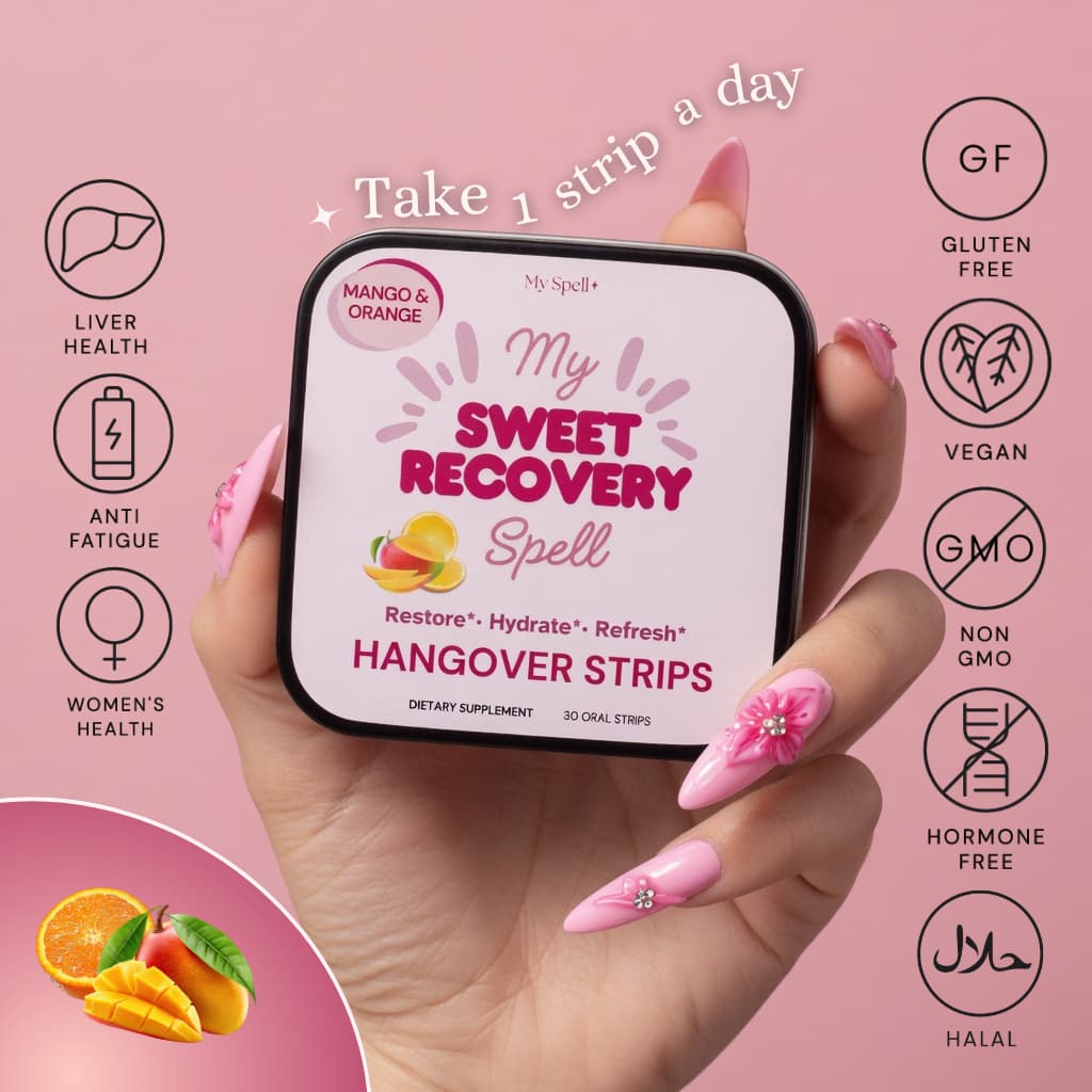 Hand holding My Spell Supplements 'My Sweet Recovery' hangover oral strips packaging with product details on a pink background
