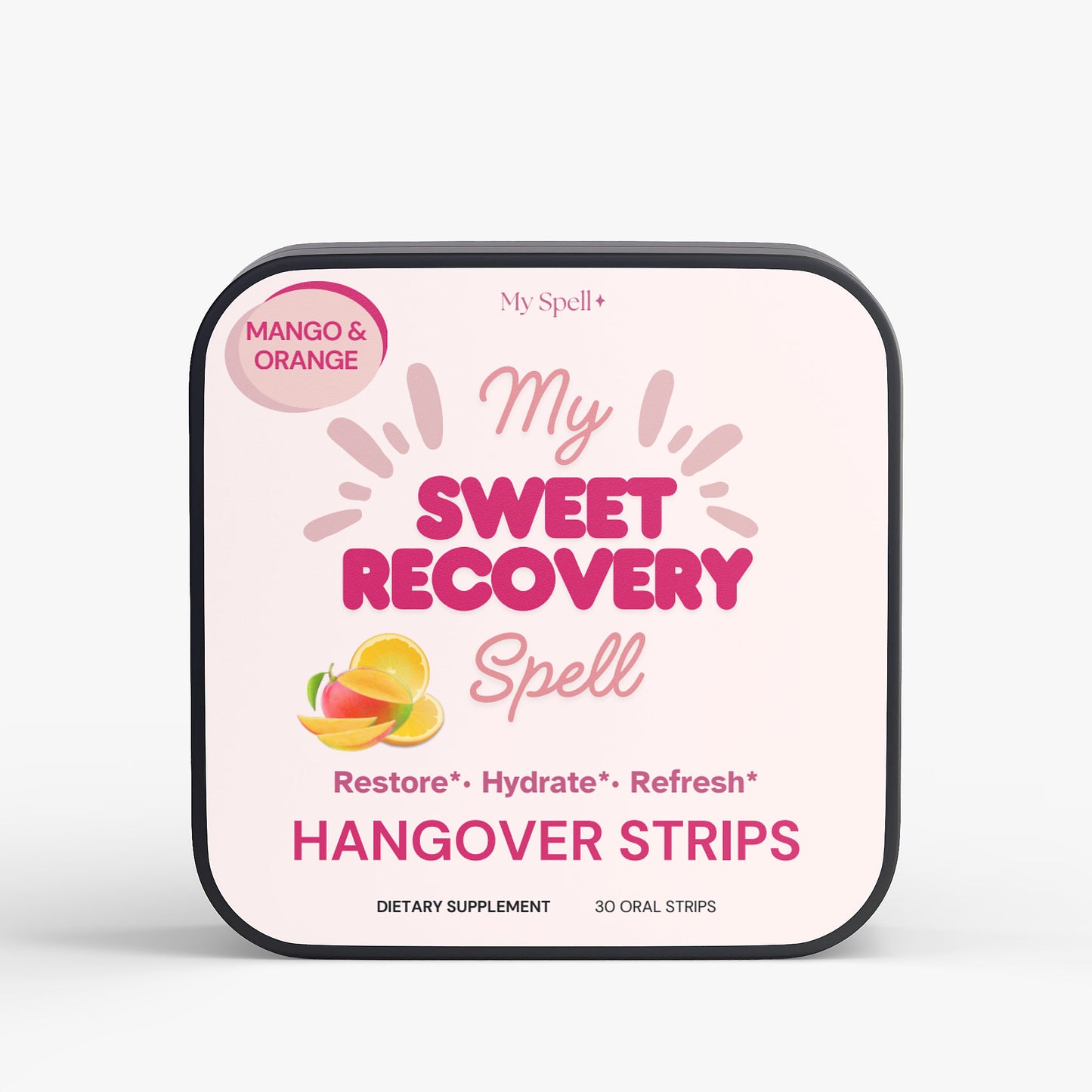 Packaging of My Spell Supplements, My Sweet Recovery Spell hangover oral strips with mango and orange flavor on a white background.