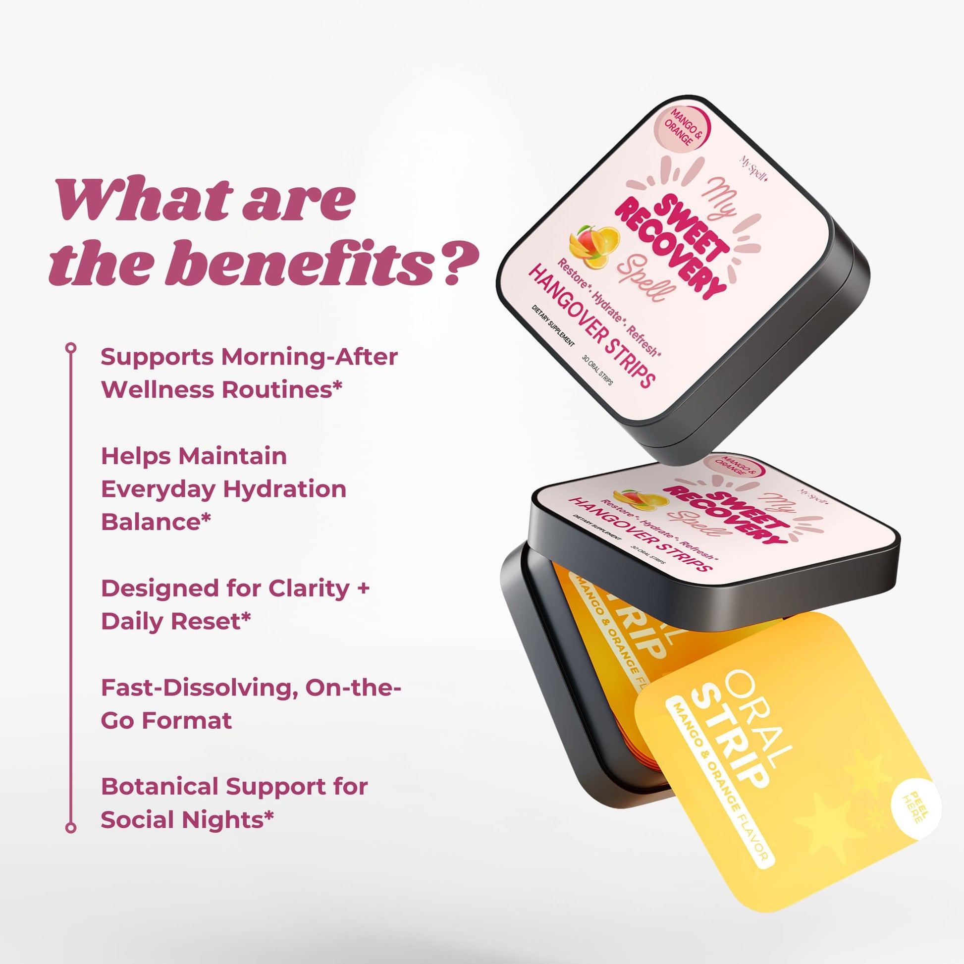 My Spell Supplements Sweet Recovery Hangover Oral Strips packaging with benefits listed on a white background